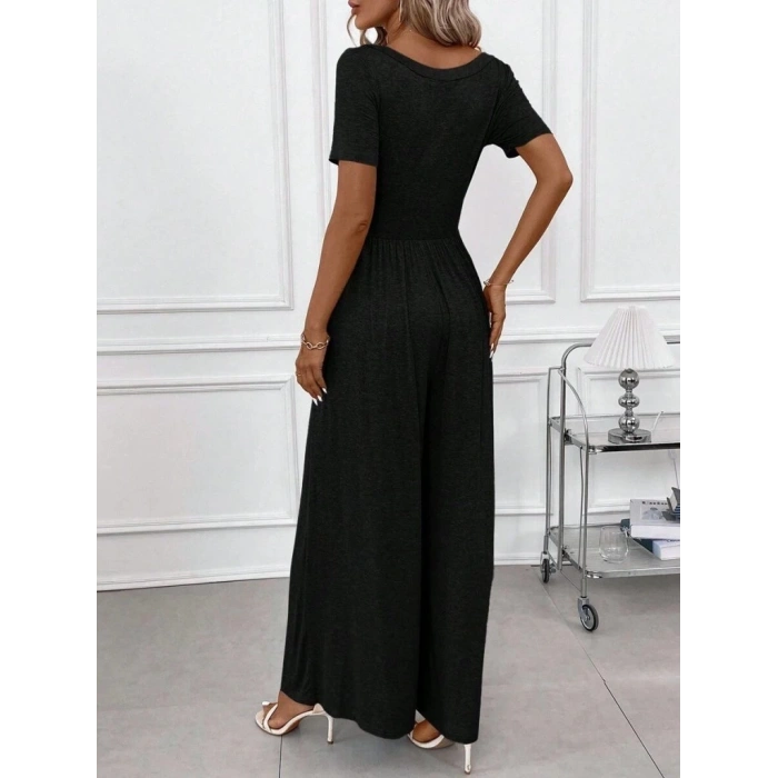 Kadın Kısa Kollu Yuvarlak Yaka Geniş Paçalı Bürümcük Tulum