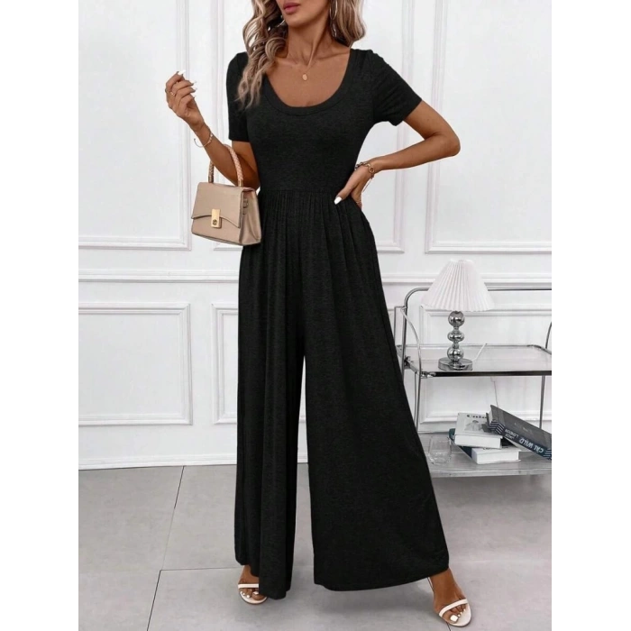 Kadın Kısa Kollu Yuvarlak Yaka Geniş Paçalı Bürümcük Tulum