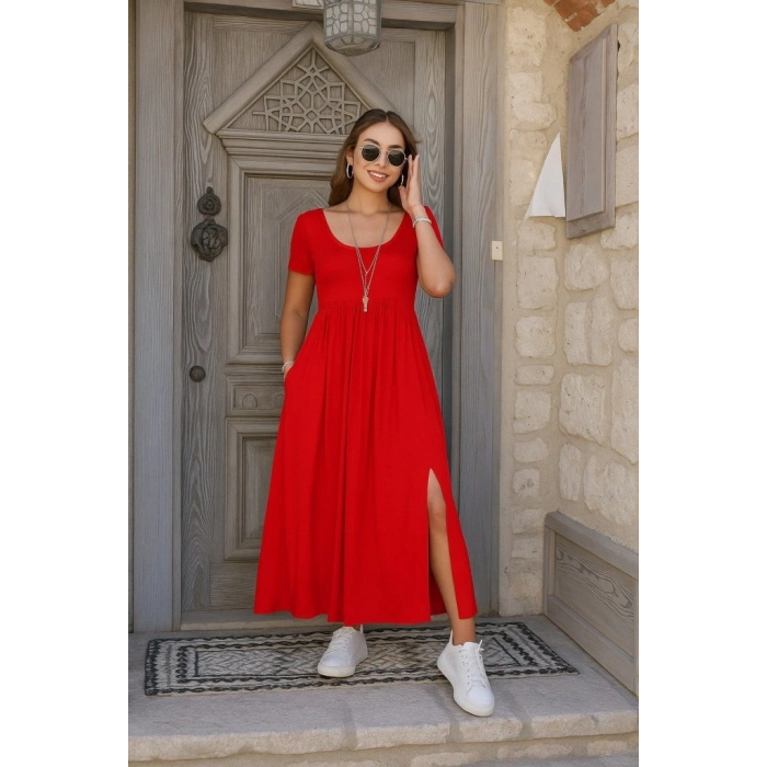 Kadın Kısa Kollu Yuvarlak Yaka önden Yırtmaçlı Cepli Viskon Uzun Elbise