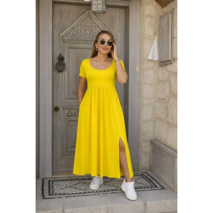 Kadın Kısa Kollu Yuvarlak Yaka önden Yırtmaçlı Cepli Viskon Uzun Elbise