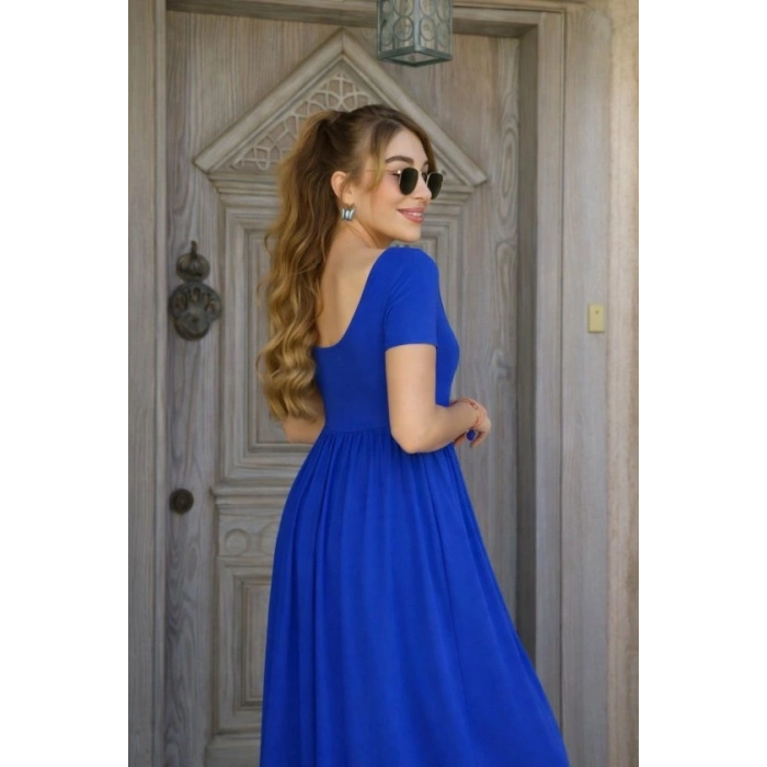 Kadın Kısa Kollu Yuvarlak Yaka önden Yırtmaçlı Cepli Viskon Uzun Elbise