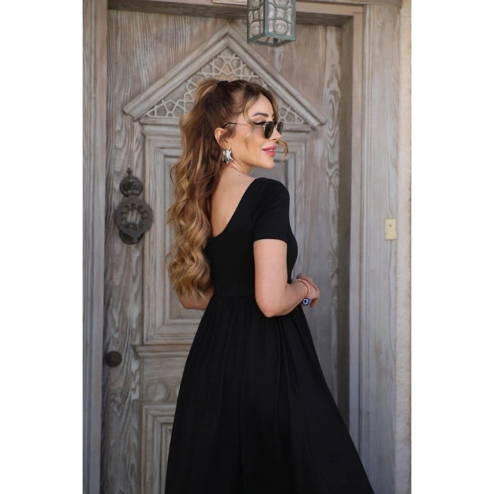 Kadın Kısa Kollu Yuvarlak Yaka önden Yırtmaçlı Cepli Viskon Uzun Elbise