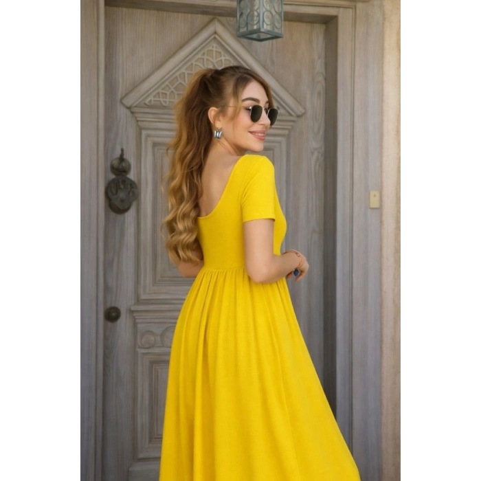 Kadın Kısa Kollu Yuvarlak Yaka önden Yırtmaçlı Cepli Viskon Uzun Elbise