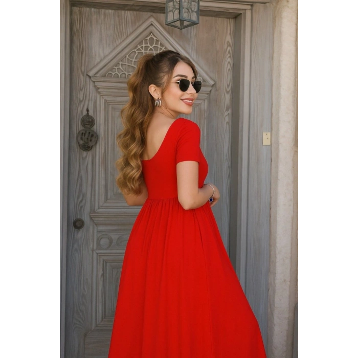 Kadın Kısa Kollu Yuvarlak Yaka önden Yırtmaçlı Cepli Viskon Uzun Elbise