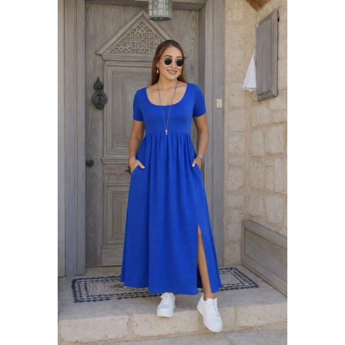 Kadın Kısa Kollu Yuvarlak Yaka önden Yırtmaçlı Cepli Viskon Uzun Elbise