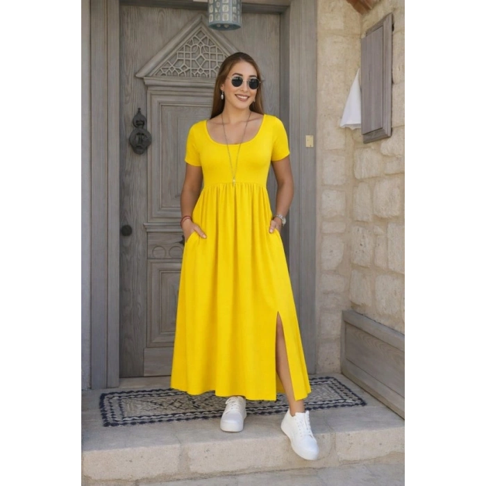 Kadın Kısa Kollu Yuvarlak Yaka önden Yırtmaçlı Cepli Viskon Uzun Elbise