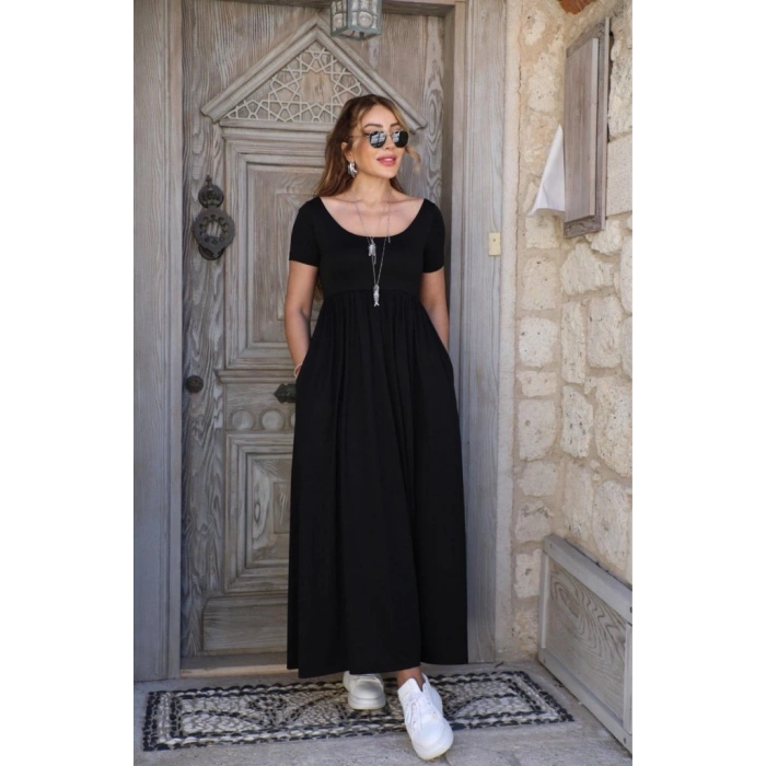 Kadın Kısa Kollu Yuvarlak Yaka önden Yırtmaçlı Cepli Viskon Uzun Elbise