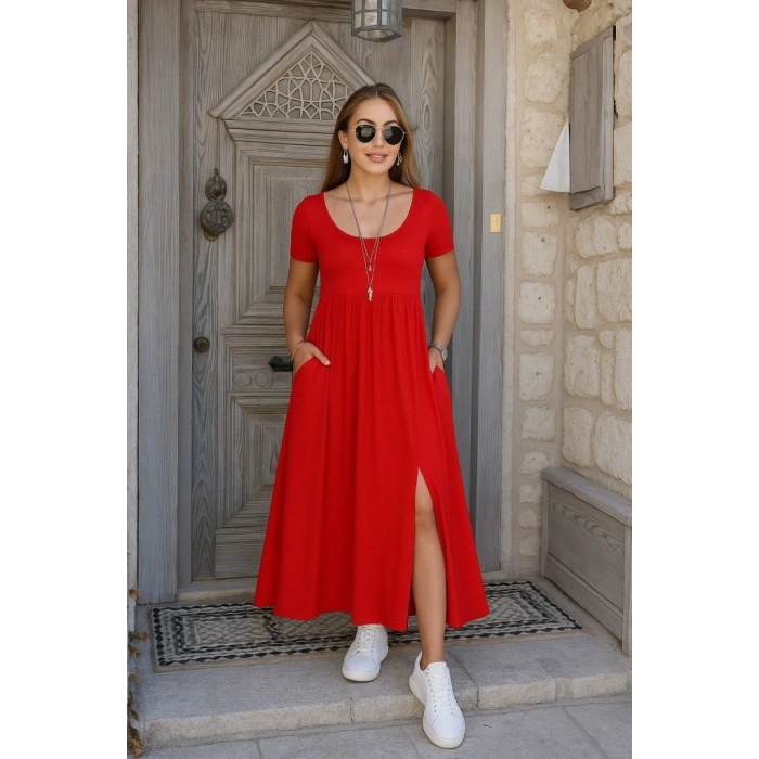 Kadın Kısa Kollu Yuvarlak Yaka önden Yırtmaçlı Cepli Viskon Uzun Elbise