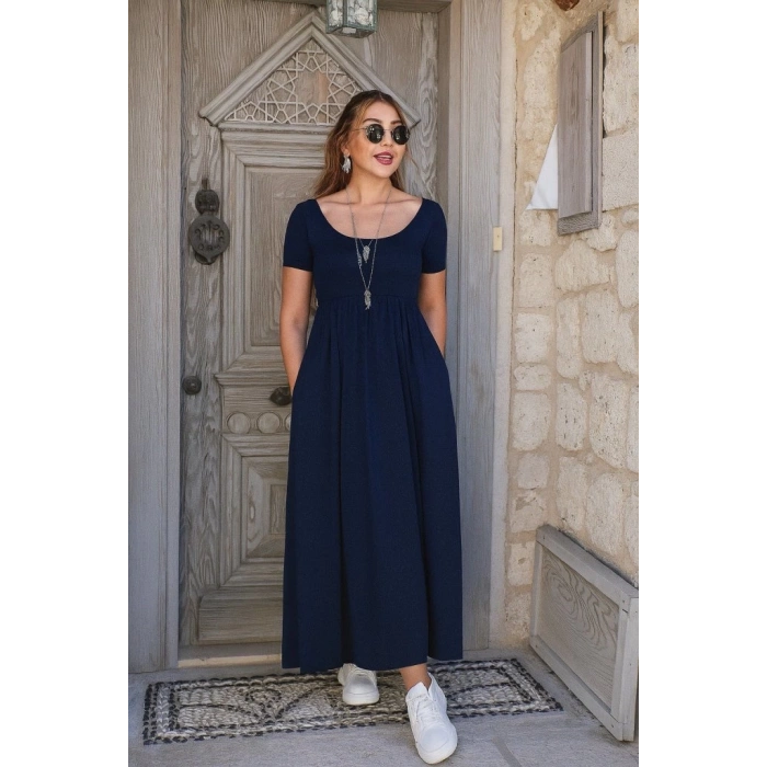 Kadın Kısa Kollu Yuvarlak Yaka önden Yırtmaçlı Cepli Viskon Uzun Elbise