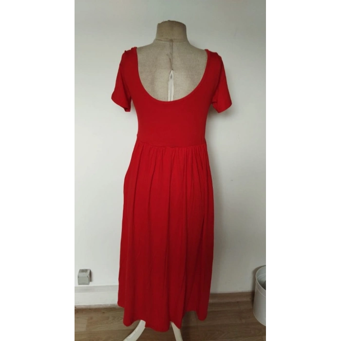 Kadın Kısa Kollu Yuvarlak Yaka önden Yırtmaçlı Cepli Viskon Uzun Elbise