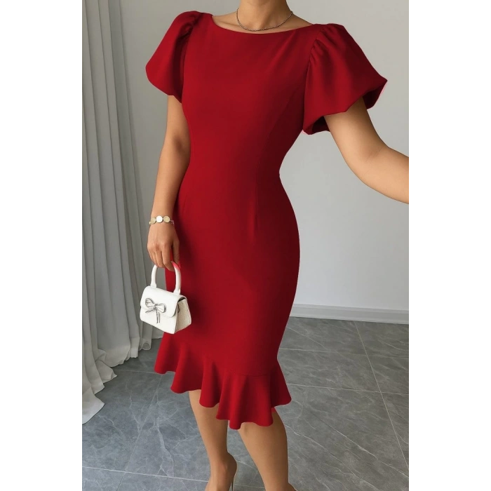 Kadın Kısa Kollu Yuvarlak Yaka Pileli Janjan Krep Elbise