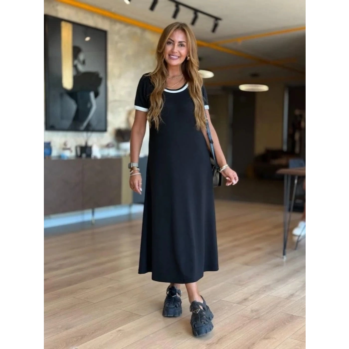 Kadın Kısa Kollu Yuvarlak Yaka Yandan Yırtmaçlı Midi Viskon Elbise