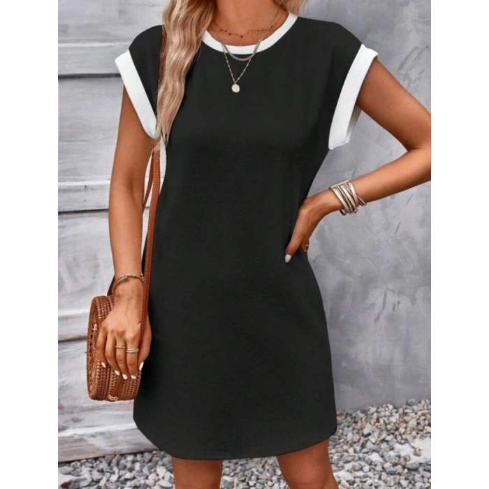 Kadın Kısa Kollu Yuvarlak Yakalı Kontrast Manset Detaylı Kısa Janjan Krep Elbise
