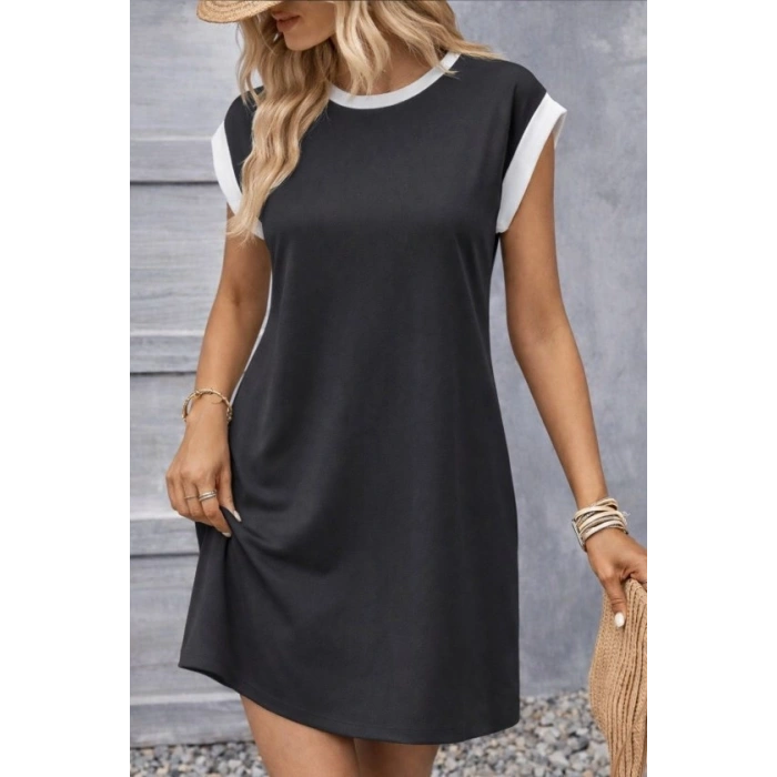 Kadın Kısa Kollu Yuvarlak Yakalı Kontrast Manset Detaylı Kısa Janjan Krep Elbise