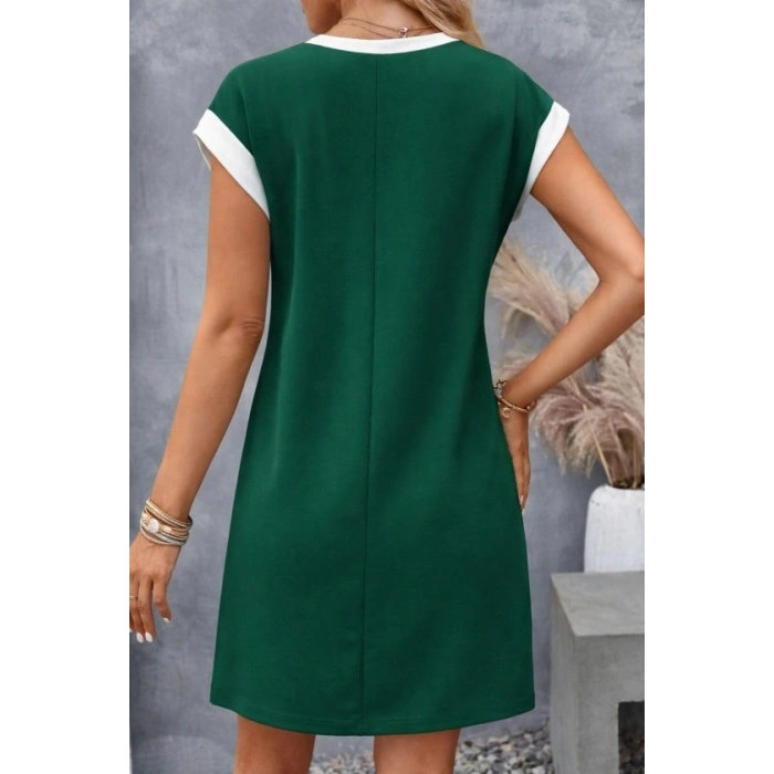 Kadın Kısa Kollu Yuvarlak Yakalı Kontrast Manset Detaylı Kısa Janjan Krep Elbise