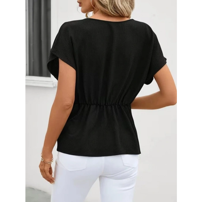 Kadın Kısa Kollu Yuvarlak Yakalı Yandan Sarmal Detaylı Bürümcük Bluz