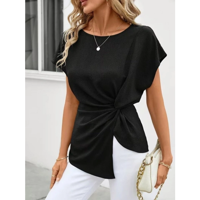 Kadın Kısa Kollu Yuvarlak Yakalı Yandan Sarmal Detaylı Bürümcük Bluz