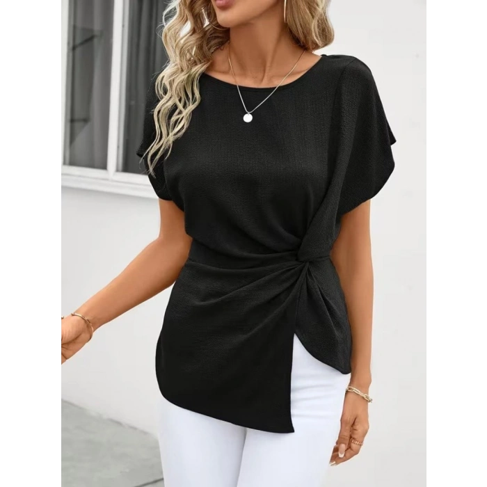 Kadın Kısa Kollu Yuvarlak Yakalı Yandan Sarmal Detaylı Bürümcük Bluz