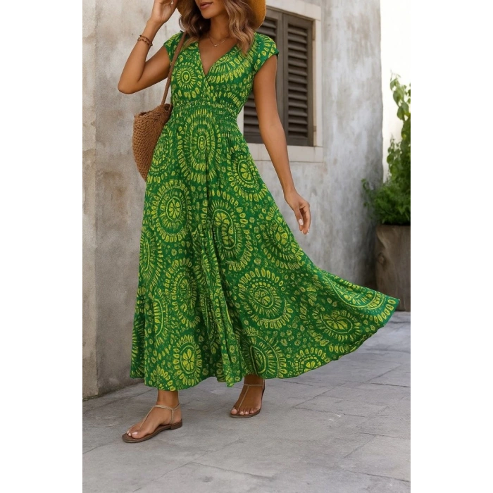 Kadın Kısa Yarasa Kanat Kollu V Yakalı Beli Büzgülü Süprem Elbise