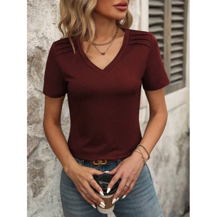 Kadın Kollu V Yakalı Omuzlarda çizgi Detaylı Viskon Bluz