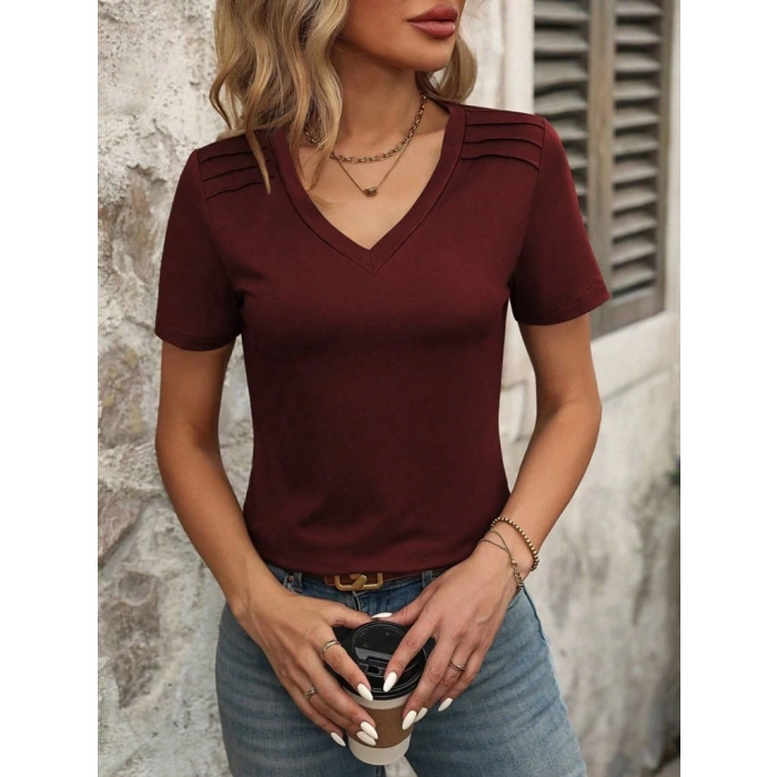 Kadın Kollu V Yakalı Omuzlarda çizgi Detaylı Viskon Bluz