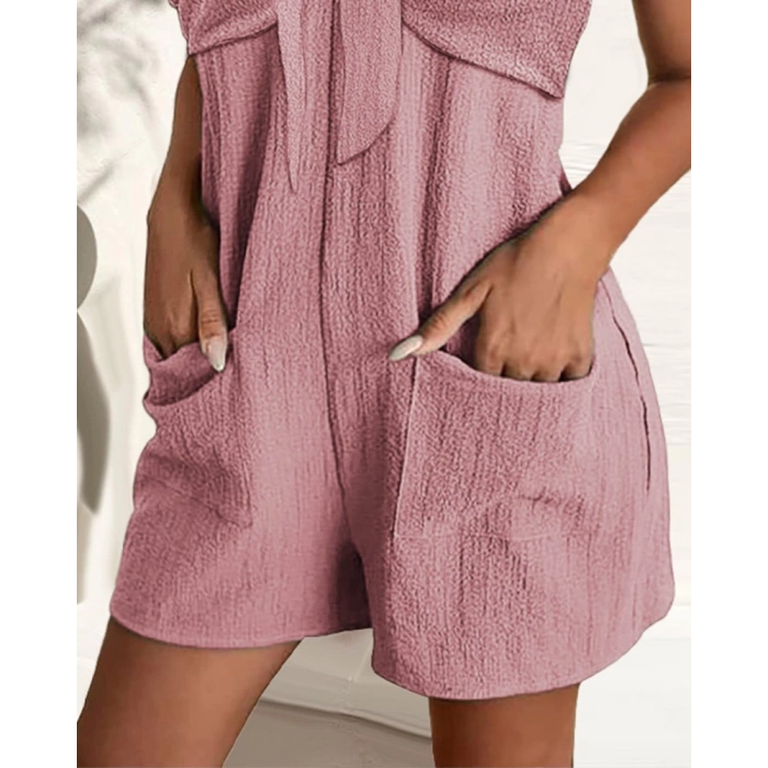 Kadın Kolsuz Askı Aksesuarlı önü Bağlama Detay Salopet şort Tulum