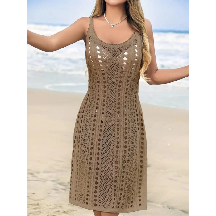 Kadın Kolsuz Askılı Yan Yırtmaç Detay Triko Midi Boy Elbise