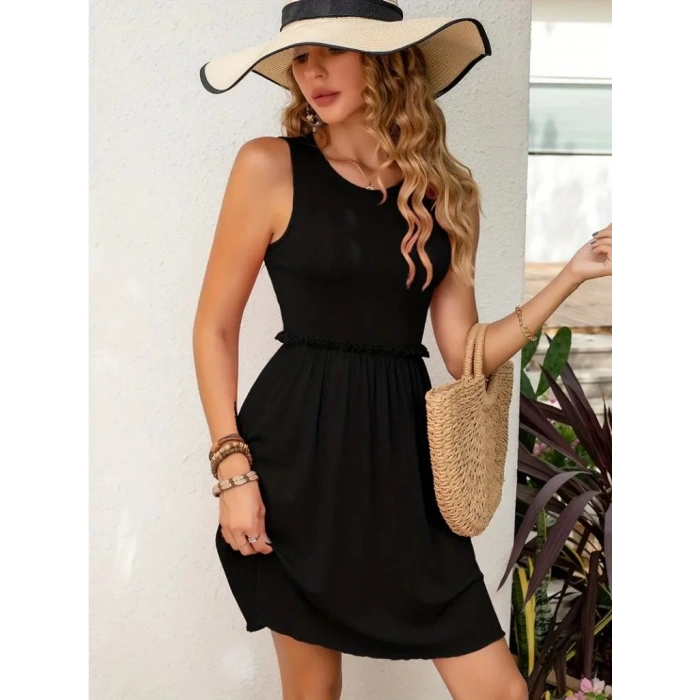 Kadın Kolsuz Bel Lastik Ve Büzgü Detay Viskon Mini Elbise