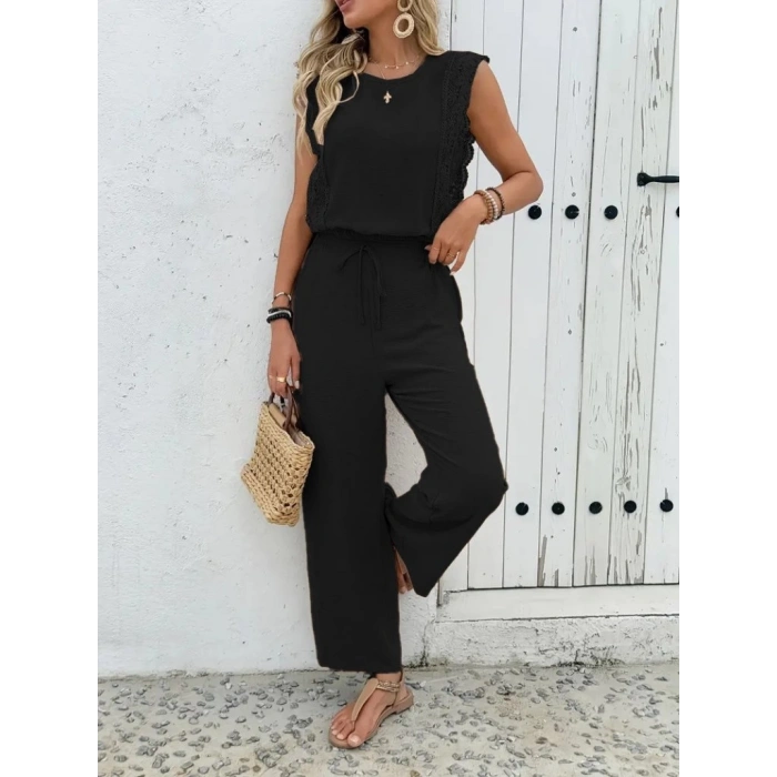 Kadın Kolsuz Bisiklet Yaka Aerobin Bluz Ve Bağcıklı Pantolon