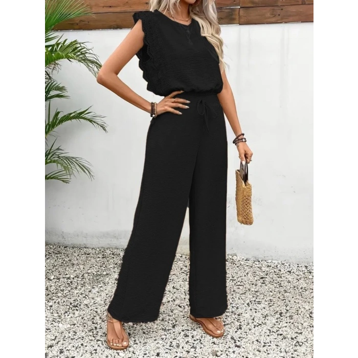 Kadın Kolsuz Bisiklet Yaka Aerobin Bluz Ve Bağcıklı Pantolon