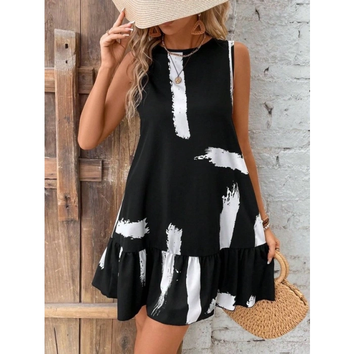 Kadın Kolsuz Bisiklet Yaka Arkadan Fiyonklu Süprem Kısa Elbise