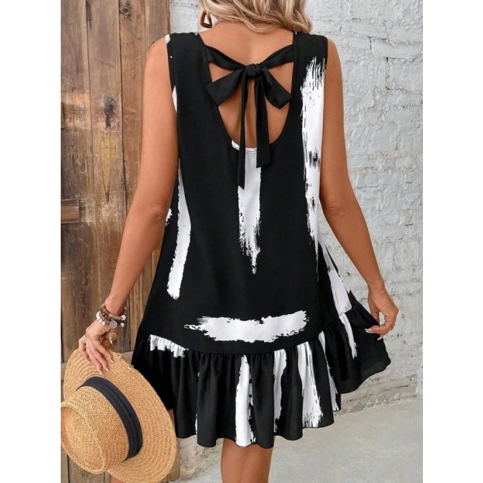 Kadın Kolsuz Bisiklet Yaka Arkadan Fiyonklu Süprem Kısa Elbise