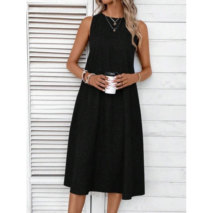 Kadın Kolsuz Bisiklet Yaka Cepli Midi Keten Elbise