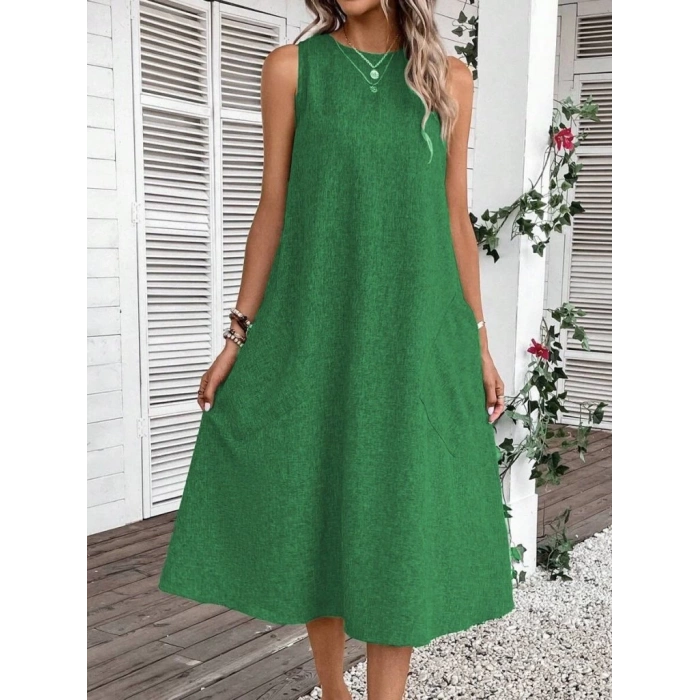 Kadın Kolsuz Bisiklet Yaka Cepli Midi Keten Elbise