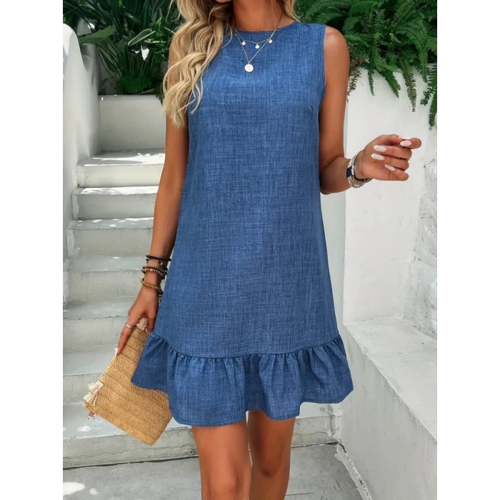 Kadın Kolsuz Bisiklet Yaka Fırfırlı Sofya Elbise