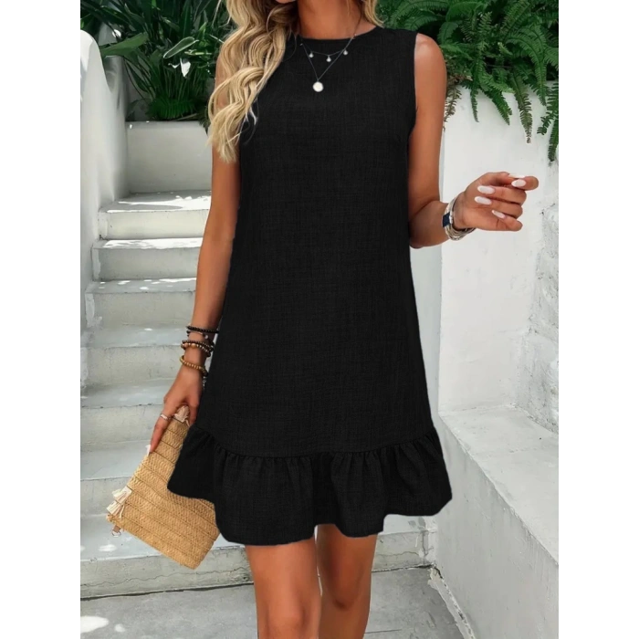 Kadın Kolsuz Bisiklet Yaka Fırfırlı Sofya Elbise