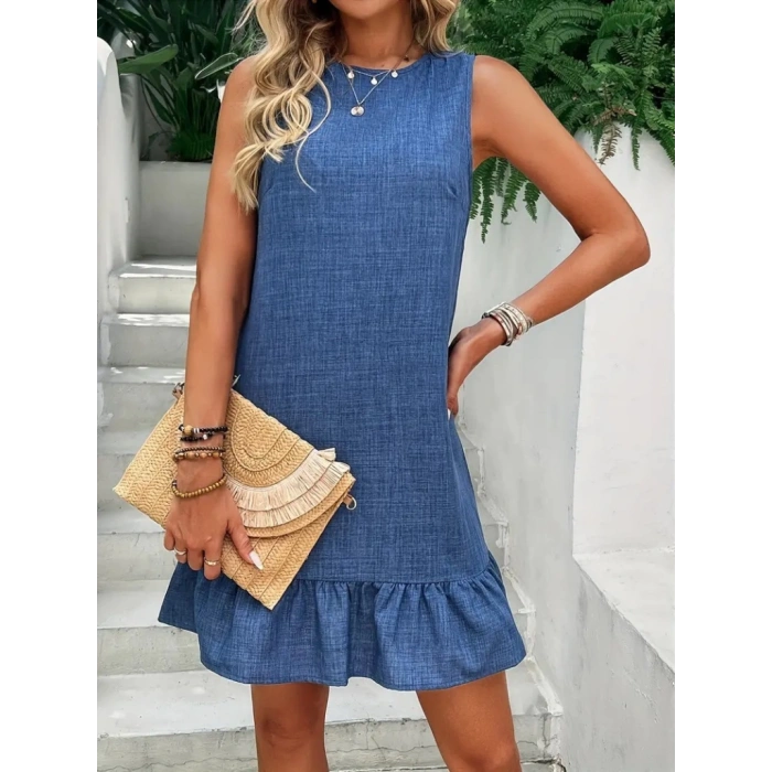 Kadın Kolsuz Bisiklet Yaka Fırfırlı Sofya Elbise