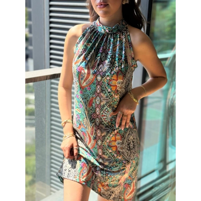 Kadın Kolsuz Boyundan Askılı Desenli Midi Süprem Elbise