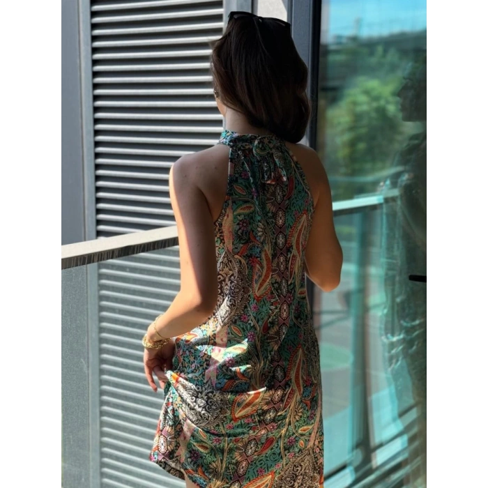 Kadın Kolsuz Boyundan Askılı Desenli Midi Süprem Elbise