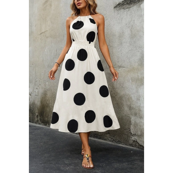 Kadın Kolsuz Boyundan Bağlamalı Beli Lastikli Dijital Baskı Süprem Uzun Elbise