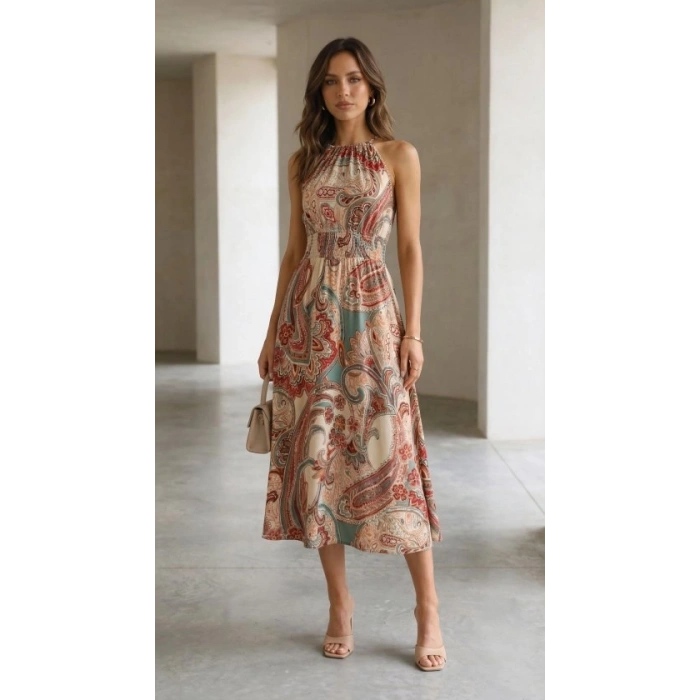 Kadın Kolsuz Boyundan Bağlamalı Beli Lastikli Dijital Baskı Süprem Uzun Elbise