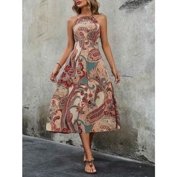 Kadın Kolsuz Boyundan Bağlamalı Beli Lastikli Etnik Desen Baskı Süprem Uzun Elbise