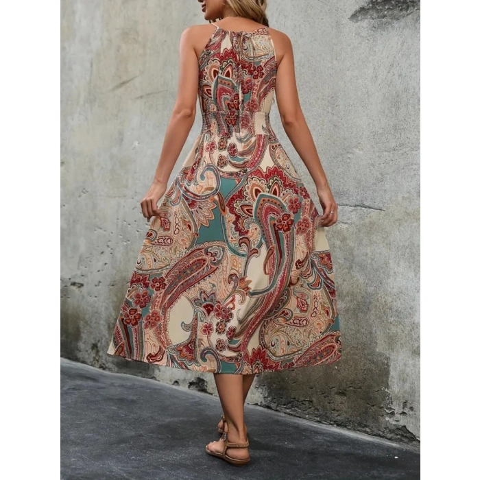 Kadın Kolsuz Boyundan Bağlamalı Beli Lastikli Etnik Desen Baskı Süprem Uzun Elbise