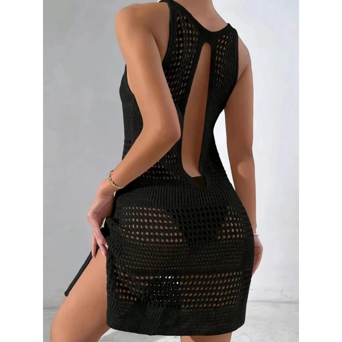 Kadın Kolsuz Derin Sırt Dekolteli Ajurlu Triko Pareo