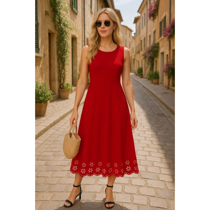 Kadın Kolsuz Etek Ucu Lazer Kesim çiçek Desenli Midi Boy Ithal Krep Elbise