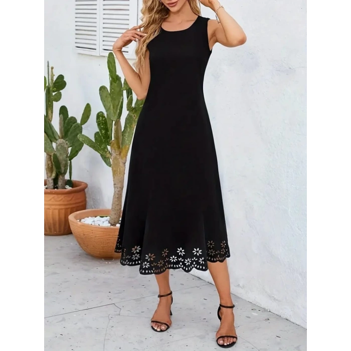 Kadın Kolsuz Etek Ucu Lazer Kesim çiçek Desenli Midi Boy Janjan Krep Elbise