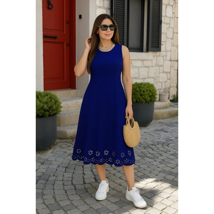 Kadın Kolsuz Etek Ucu Lazer Kesim çiçek Desenli Midi Boy Ithal Krep Elbise