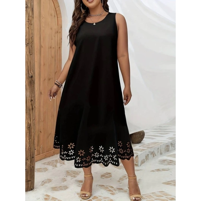 Kadın Kolsuz Etek Ucu Lazer Kesim çiçek Desenli Midi Boy Janjan Krep Elbise