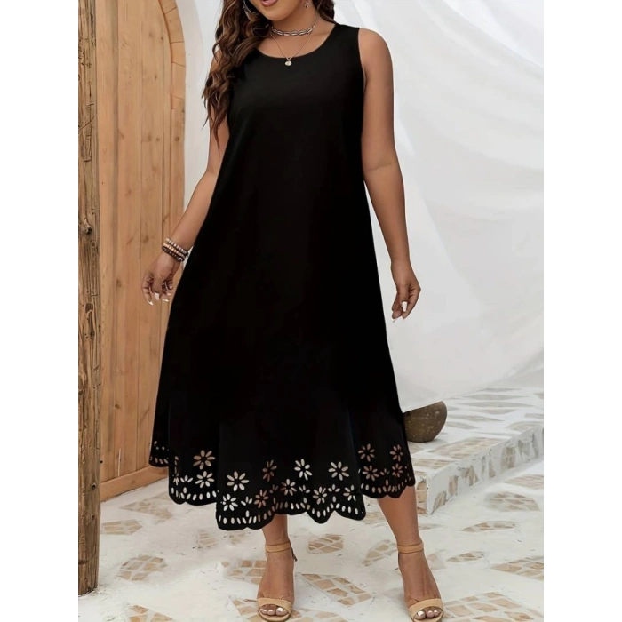 Kadın Kolsuz Etek Ucu Lazer Kesim çiçek Desenli Midi Boy Janjan Krep Elbise