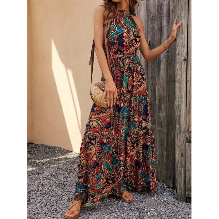 Kadın Kolsuz Halter Yaka Beli Lastikliotantik Desenli Mikro Kumaş Elbise